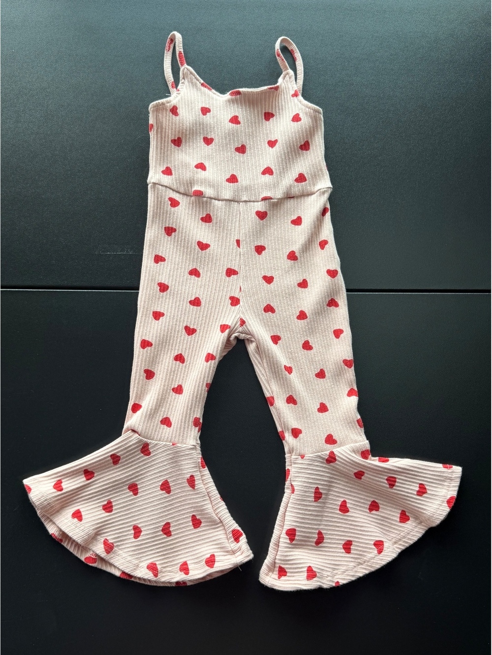 Girls Size 110 Pink Red Heart Ribbed Bell Bottom Jumpsuit Valentine Flare Romper